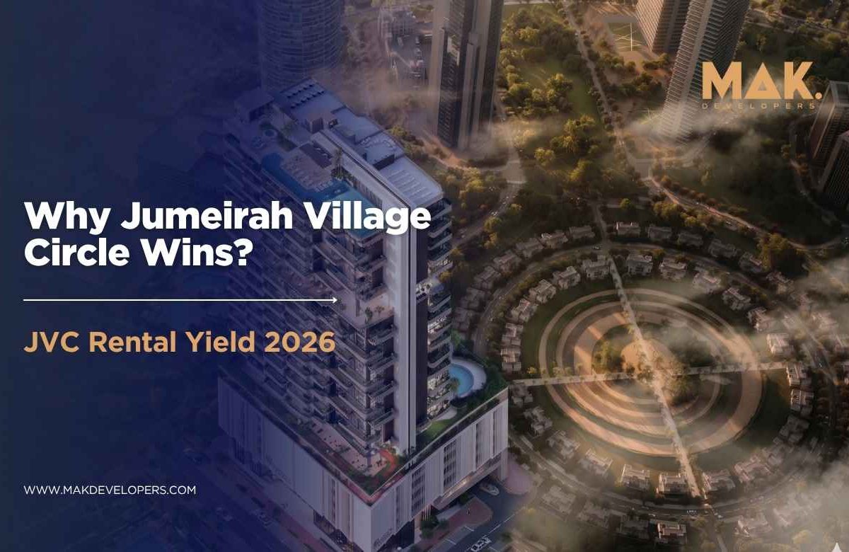 Aerial view of Jumeirah Village Circle JVC Dubai with residential towers and green community parks