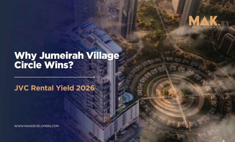 Aerial view of Jumeirah Village Circle JVC Dubai with residential towers and green community parks