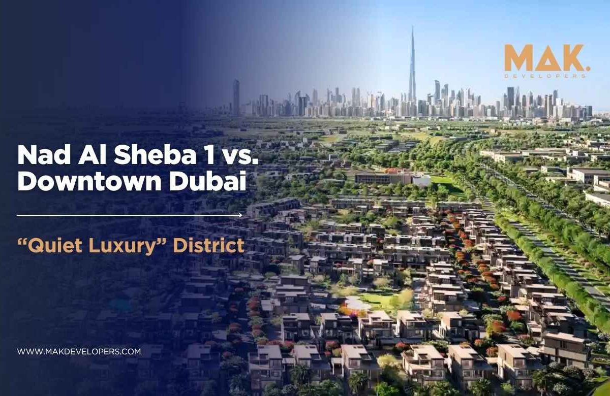 Aerial view of Nad Al Sheba 1 community Dubai showing low-density villas and green landscaping near Downtown Dubai