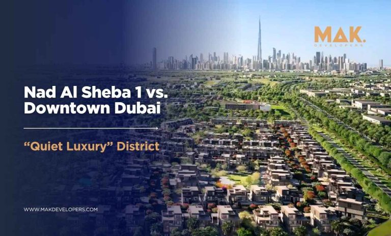 Aerial view of Nad Al Sheba 1 community Dubai showing low-density villas and green landscaping near Downtown Dubai